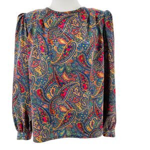 Vintage Nicola Paisley Vibrant Colorful Satiny Long Sleeve 80s Blouse 10